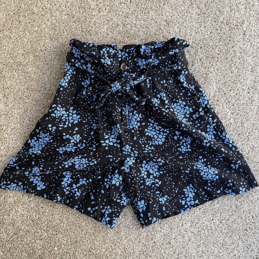 WHO WHAT WEAR Paperbag Shorts Womens 6 Black Blue Linen Belted Ruffle High Waist